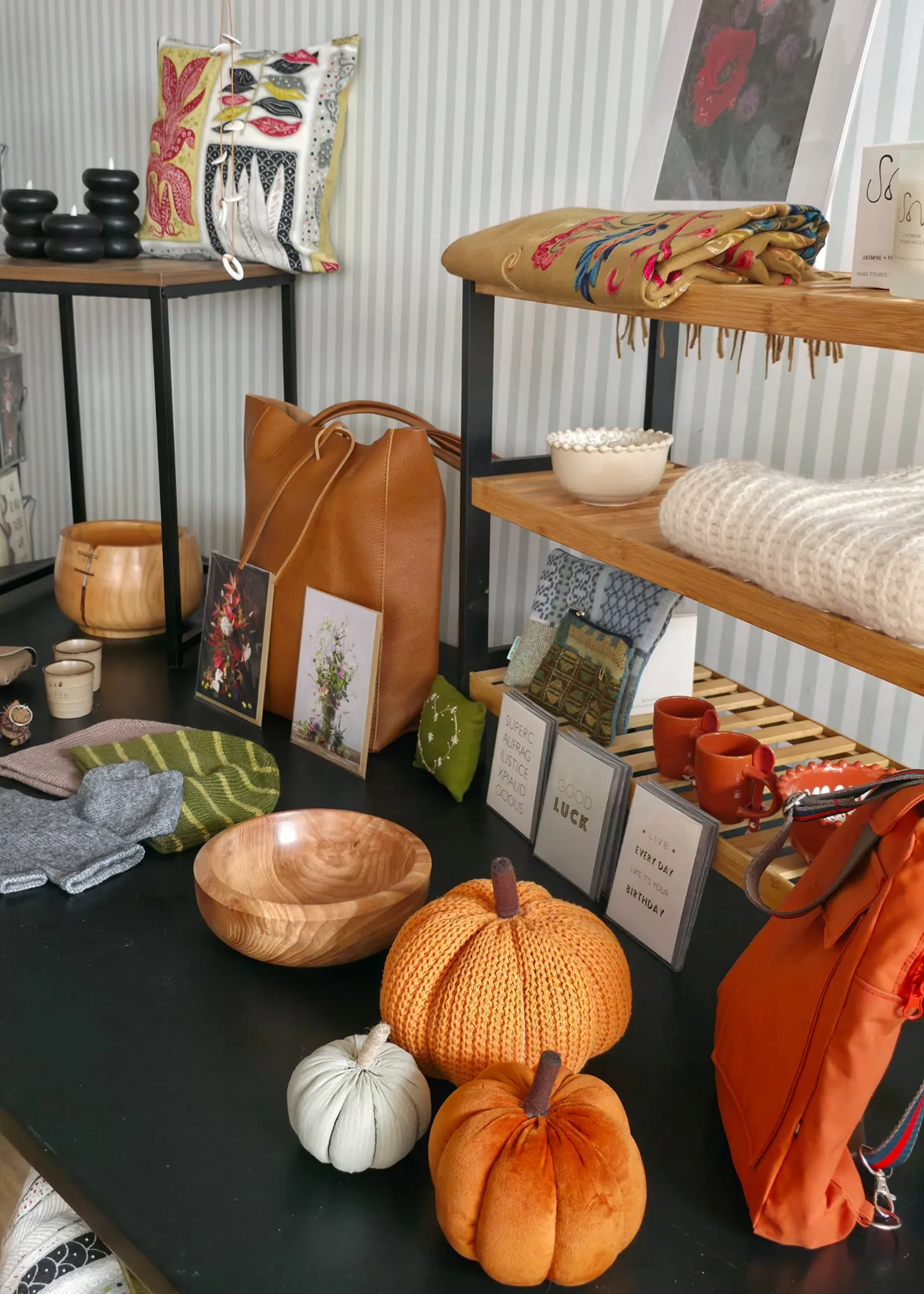 Autumn shop display with seasonal gifts and decorations